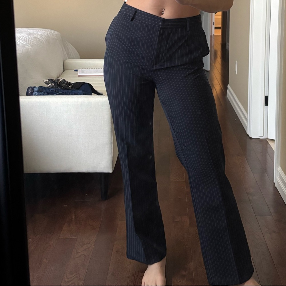 Navy blue pinstripe straight leg dress pants